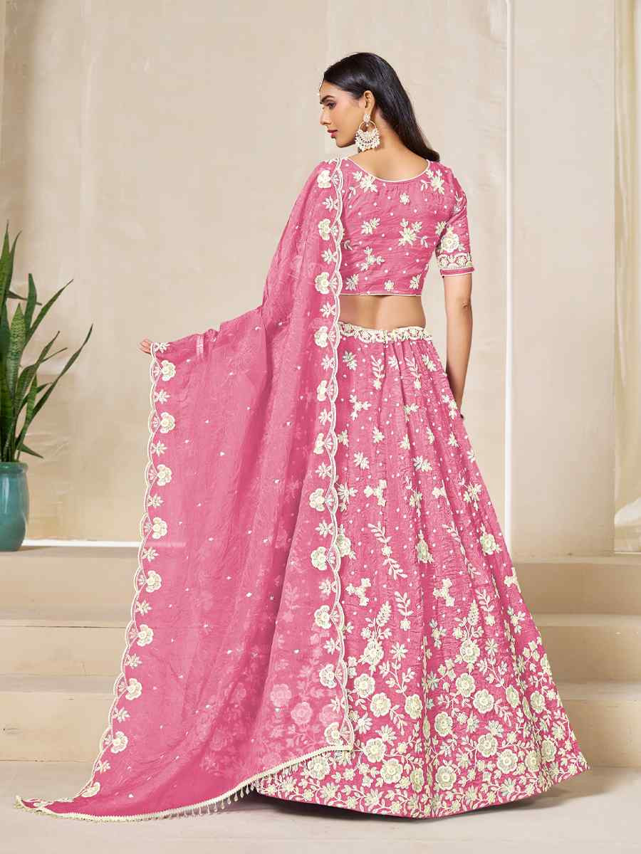 Pink Soft Crush Fill Organza Embroidered Wedding Reception Festival Heavy Border Lehenga Choli