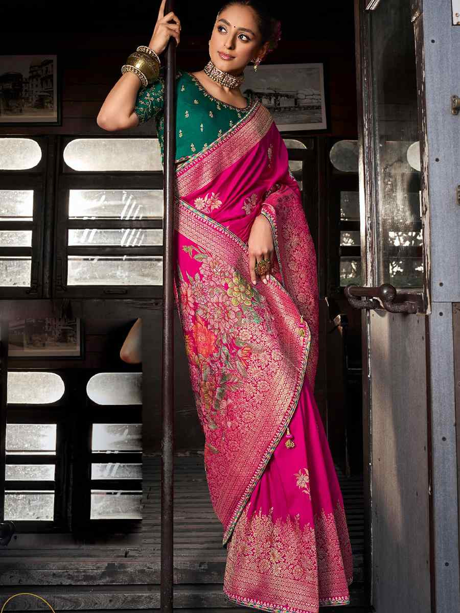 Pink Soft Dola Viscose Silk Handwoven with Embroidered Festival Wedding Fancy Heavy Border Saree