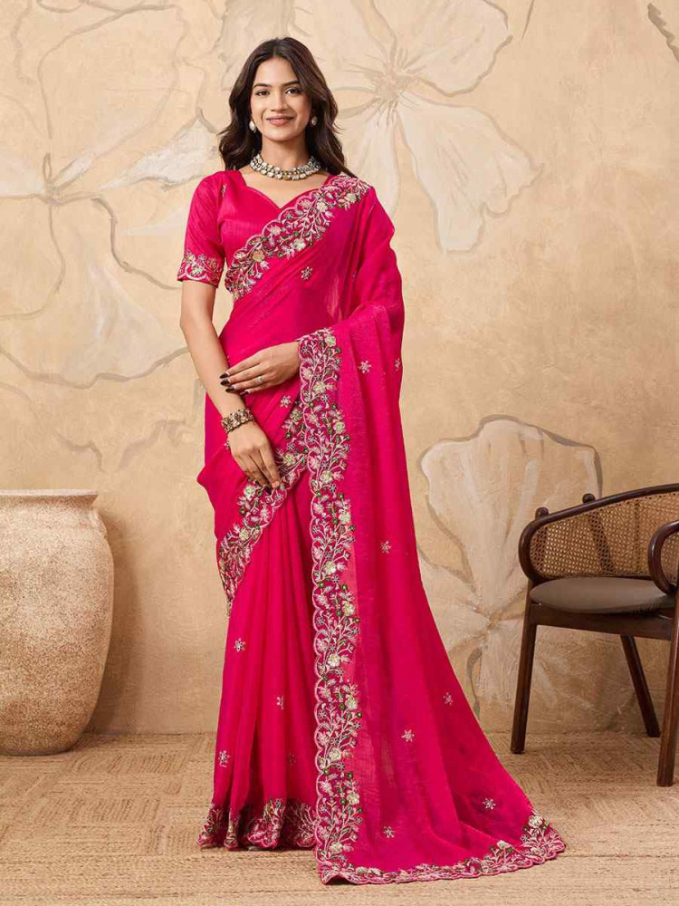 Image of Pink Soft Fendy Chiffon Embroidery Bridal Reception Festival Wedding Fancy Heavy Border Saree