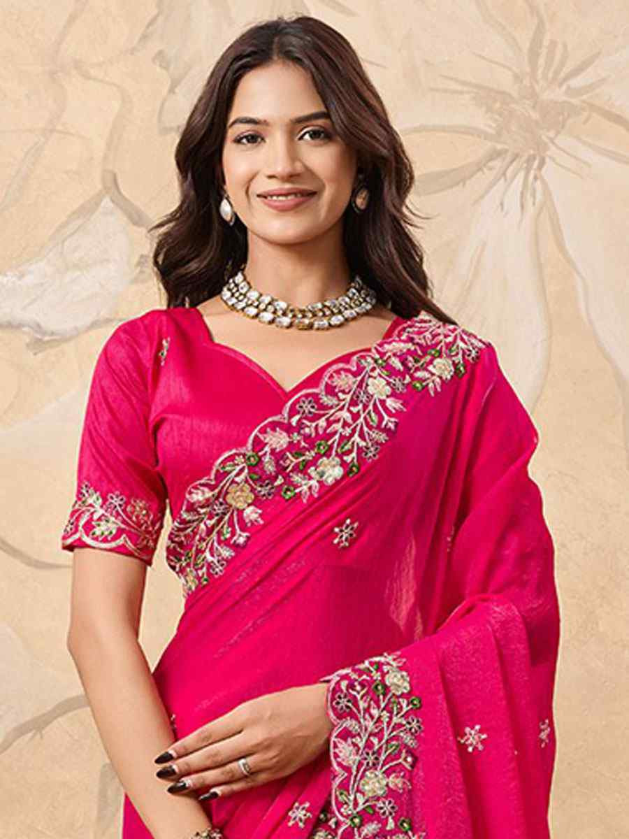 Pink Soft Fendy Chiffon Embroidery Bridal Reception Festival Wedding Fancy Heavy Border Saree