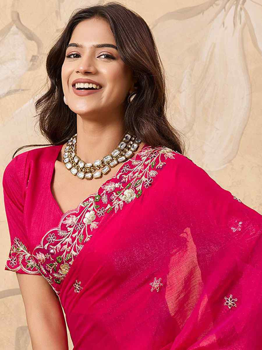 Pink Soft Fendy Chiffon Embroidery Bridal Reception Festival Wedding Fancy Heavy Border Saree