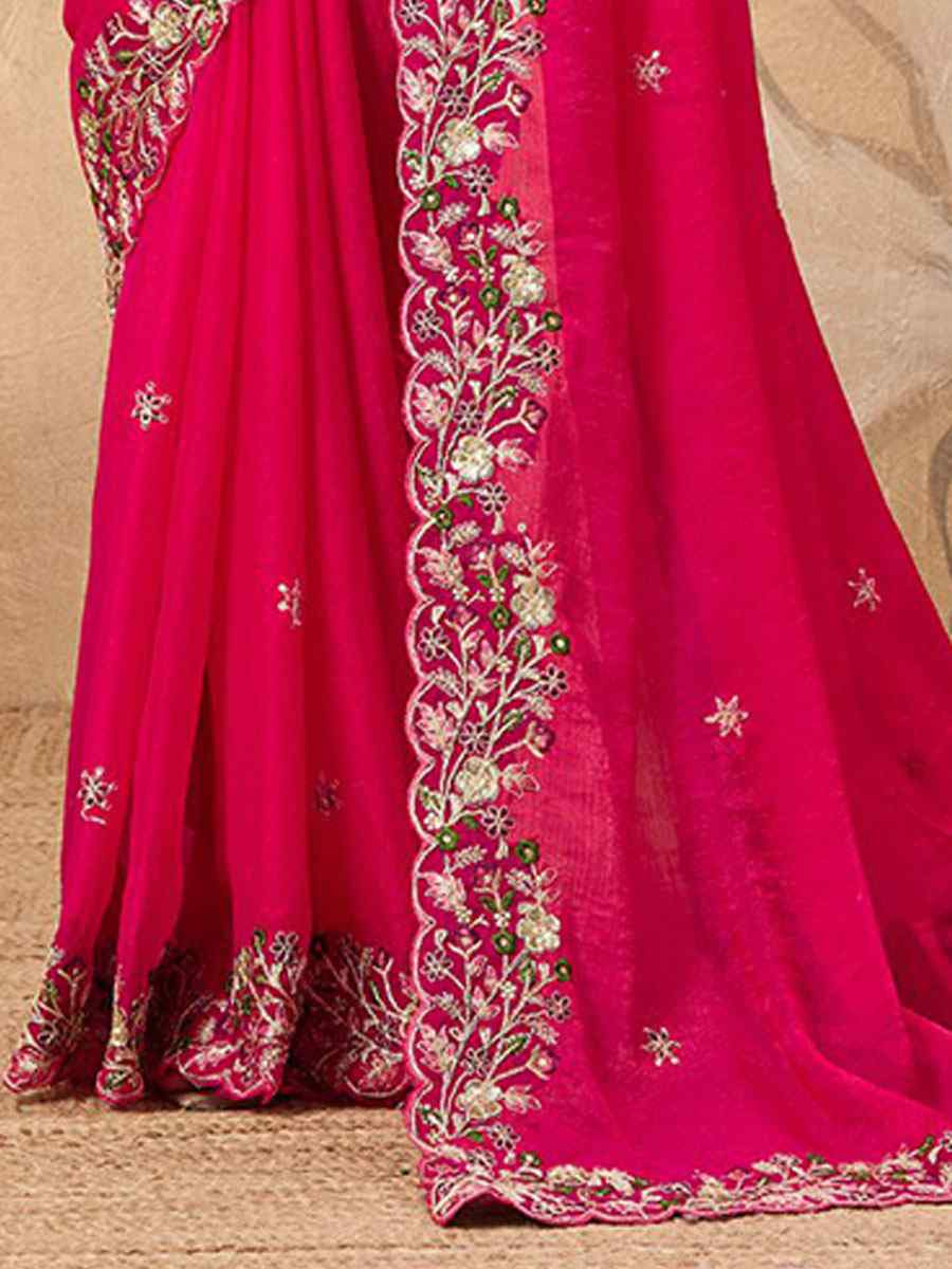 Pink Soft Fendy Chiffon Embroidery Bridal Reception Festival Wedding Fancy Heavy Border Saree