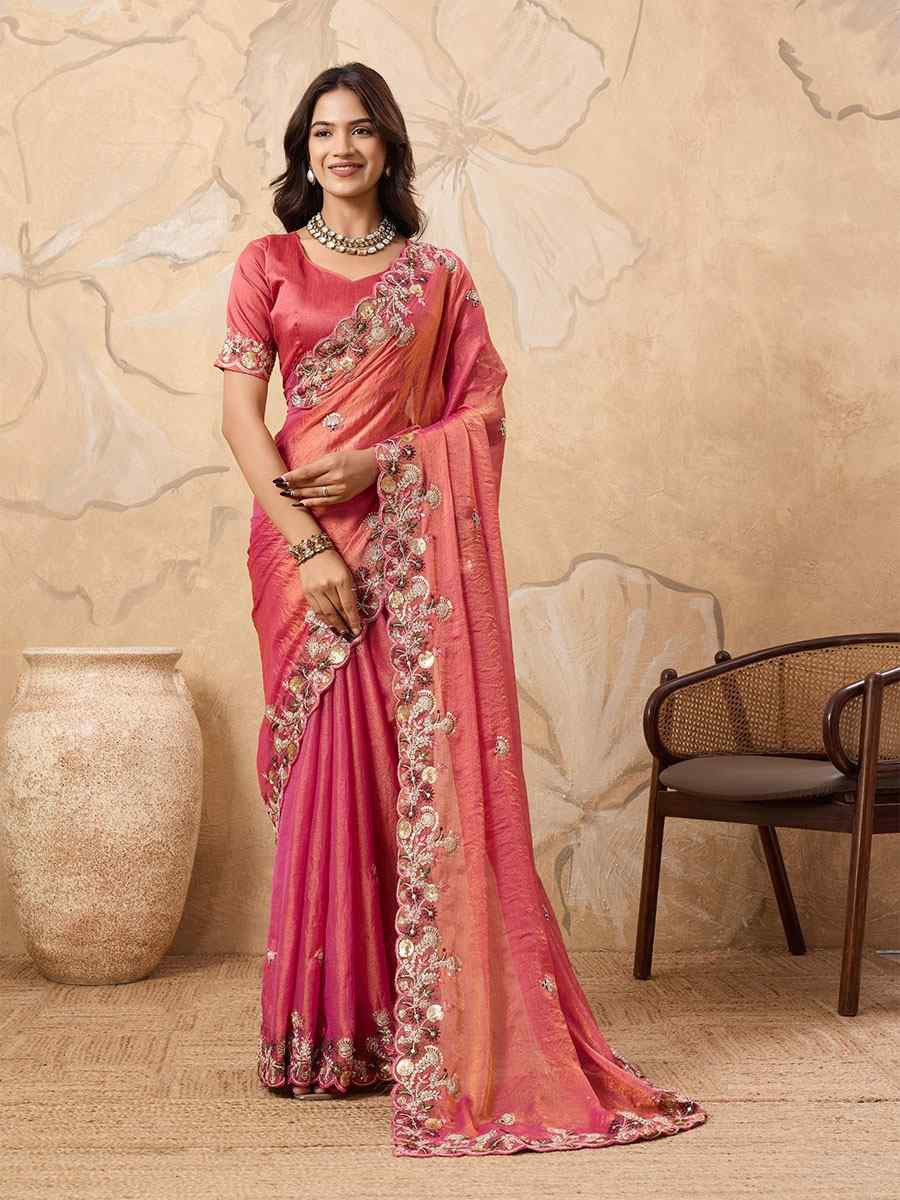 Pink Soft Fendy Chiffon Embroidery Festival Wedding Fancy Heavy Border Saree