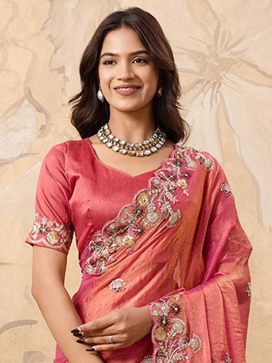 Pink Soft Fendy Chiffon Embroidery Festival Wedding Fancy Heavy Border Saree