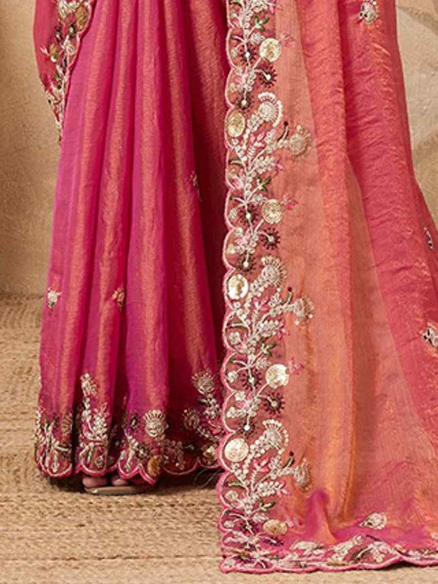 Pink Soft Fendy Chiffon Embroidery Festival Wedding Fancy Heavy Border Saree