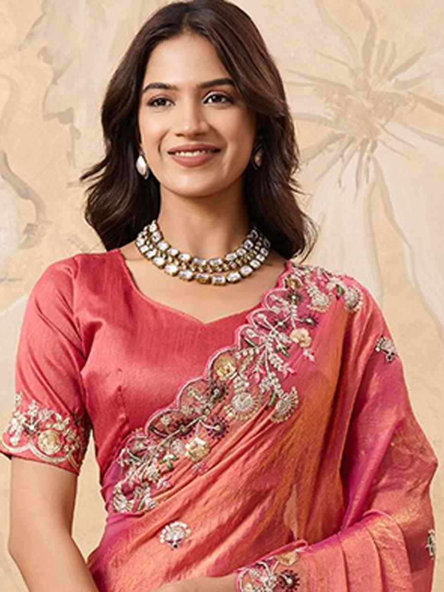 Pink Soft Fendy Chiffon Embroidery Festival Wedding Fancy Heavy Border Saree