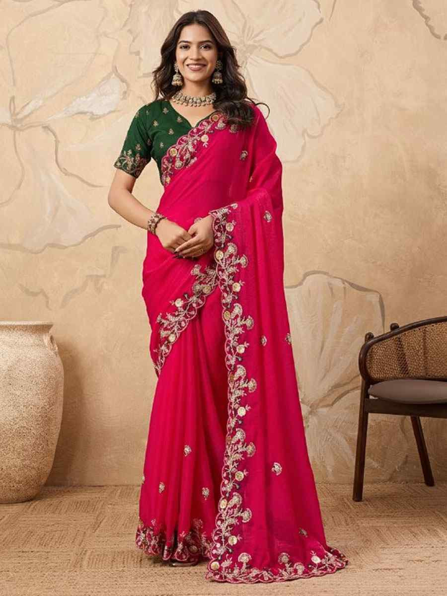 Pink Soft Fendy Chiffon Embroidery Festival Wedding Fancy Heavy Border Saree