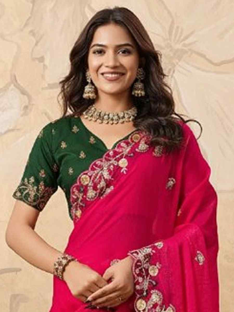 Pink Soft Fendy Chiffon Embroidery Festival Wedding Fancy Heavy Border Saree