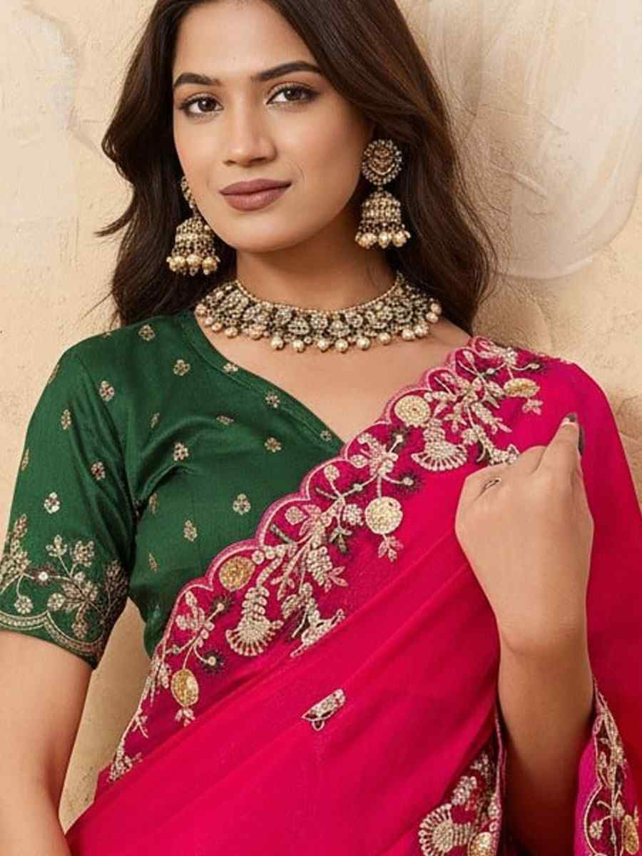 Pink Soft Fendy Chiffon Embroidery Festival Wedding Fancy Heavy Border Saree