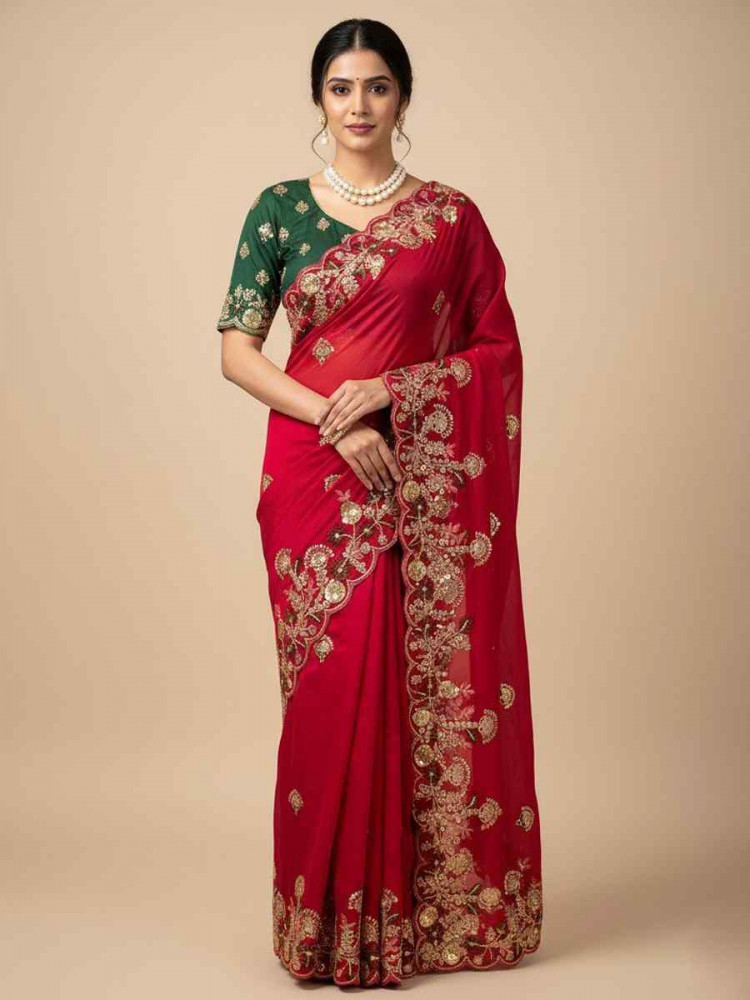 Image of Pink Soft Fendy Chiffon Embroidery Handwoven Festival Wedding Fancy Heavy Border Saree