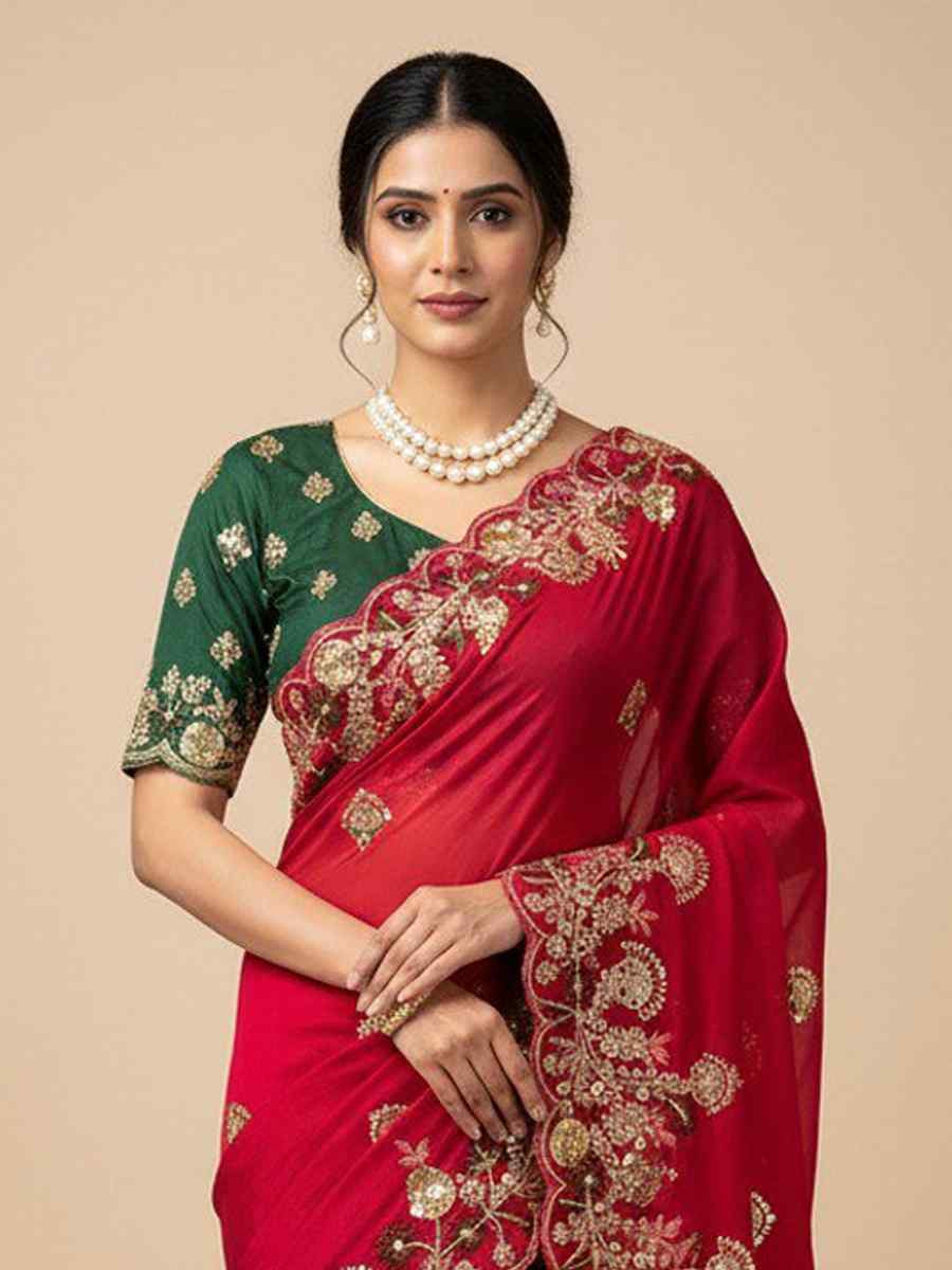 Pink Soft Fendy Chiffon Embroidery Handwoven Festival Wedding Fancy Heavy Border Saree