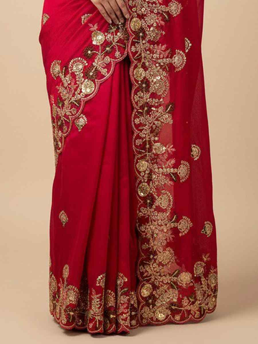 Pink Soft Fendy Chiffon Embroidery Handwoven Festival Wedding Fancy Heavy Border Saree