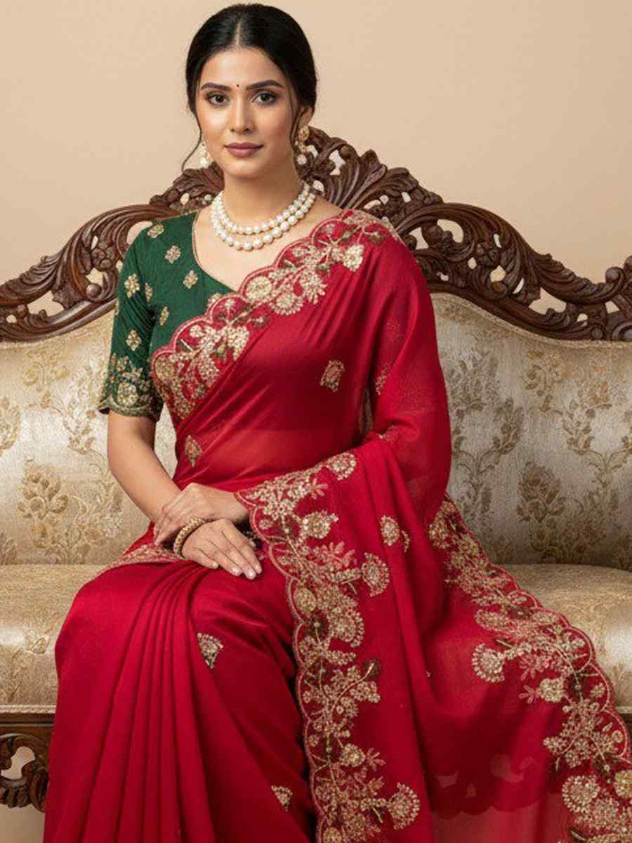 Pink Soft Fendy Chiffon Embroidery Handwoven Festival Wedding Fancy Heavy Border Saree