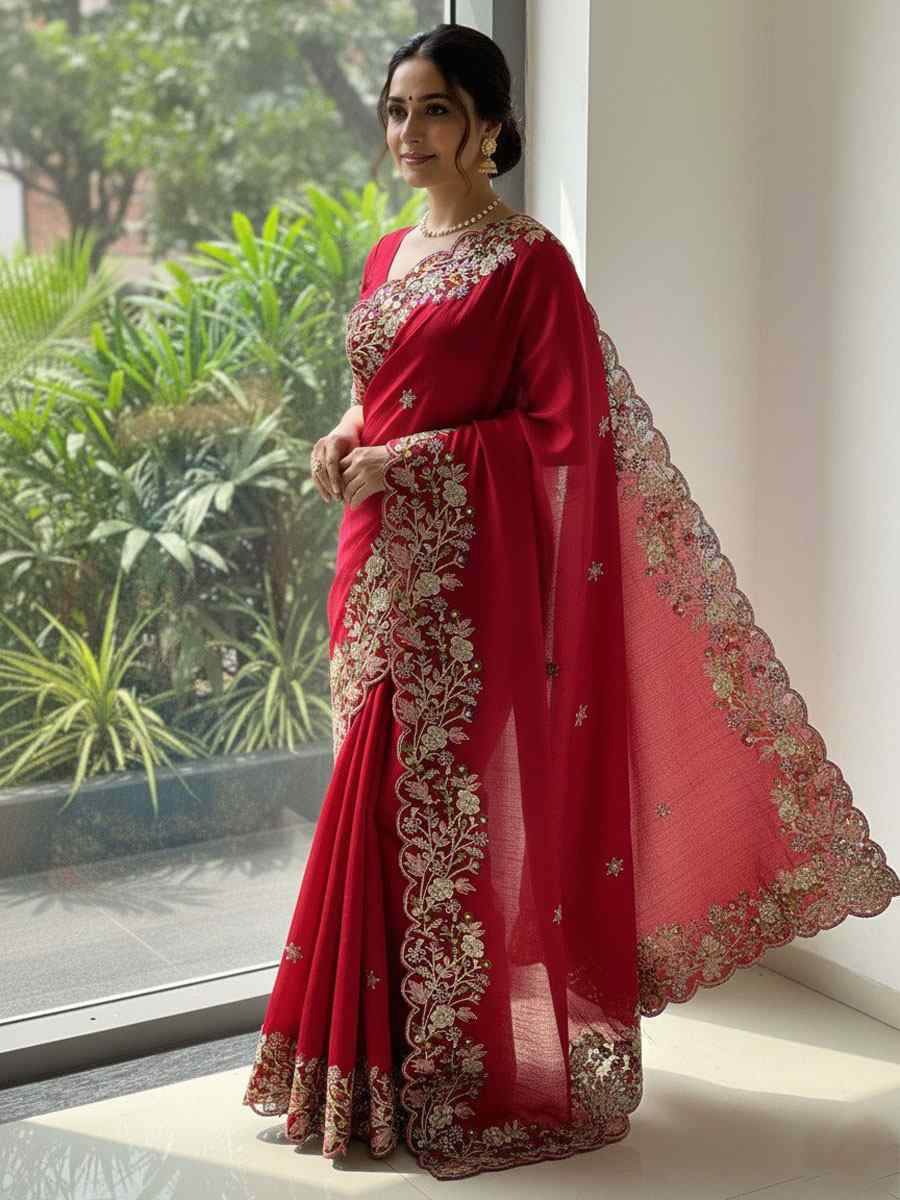 Pink Soft Fendy Chiffon Embroidery Traditional Casual Reception Festival Wedding Fancy Heavy Border Saree