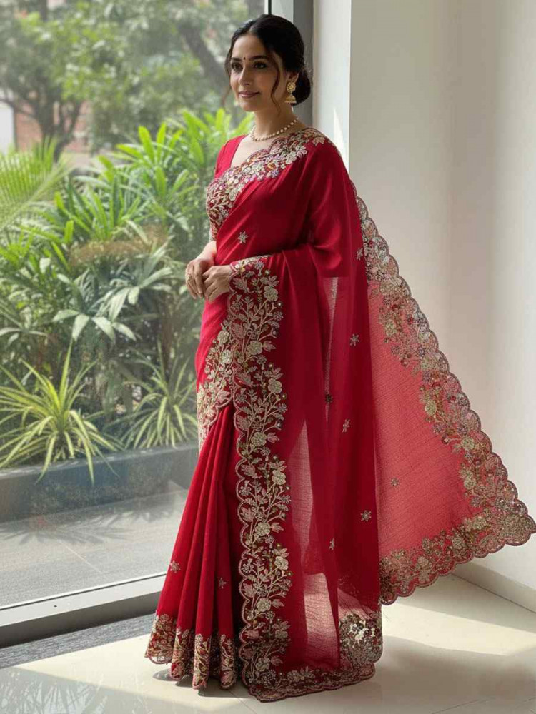 Image of Pink Soft Fendy Chiffon Embroidery Traditional Casual Reception Festival Wedding Fancy Heavy Border Saree