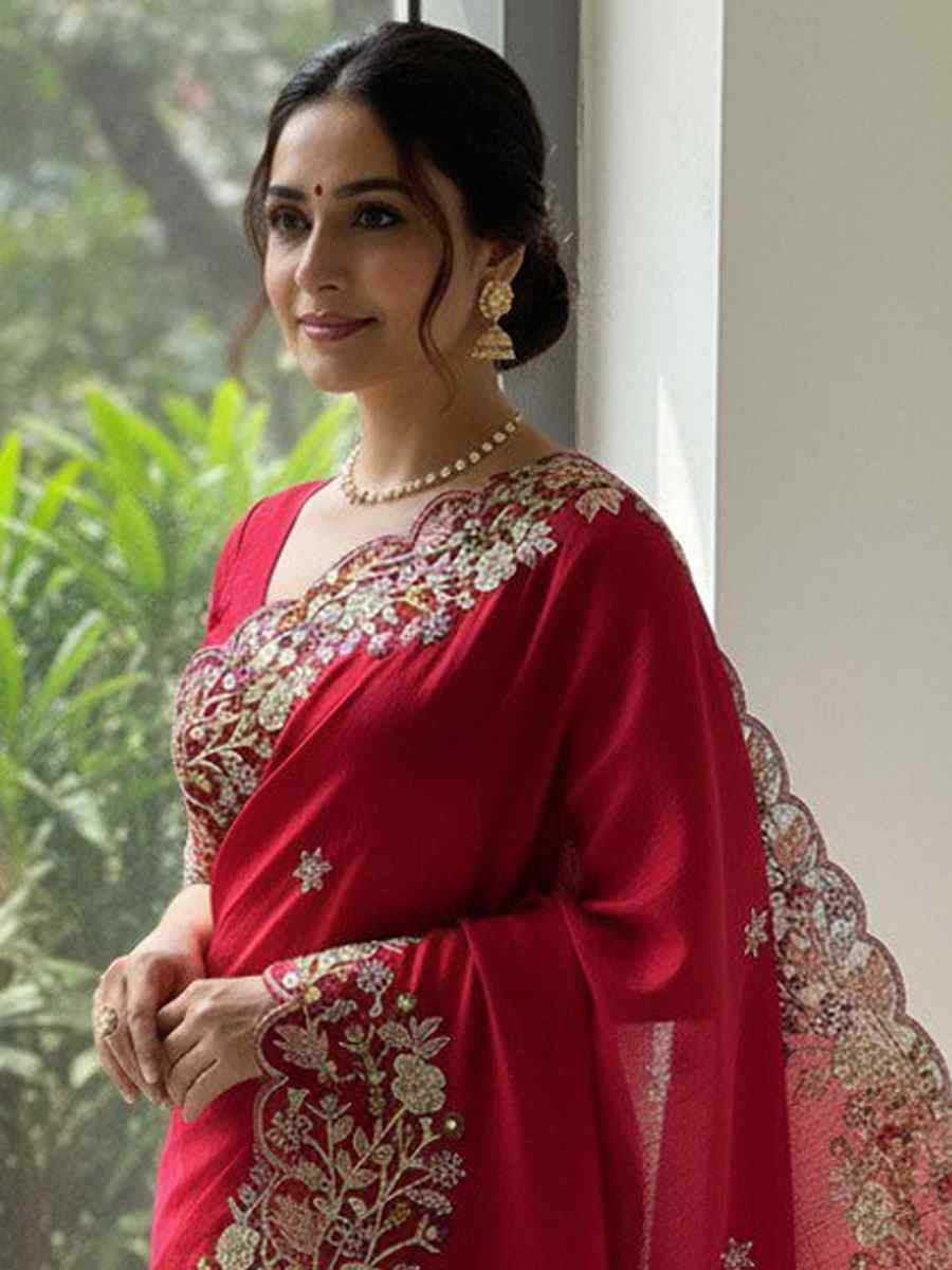 Pink Soft Fendy Chiffon Embroidery Traditional Casual Reception Festival Wedding Fancy Heavy Border Saree