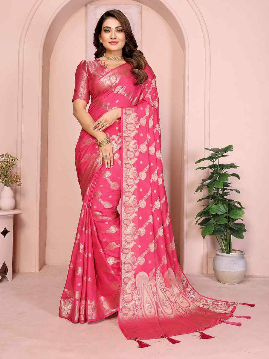 Pink Soft Georgette Silk Handwoven Festival Wedding Fancy Heavy Border Saree