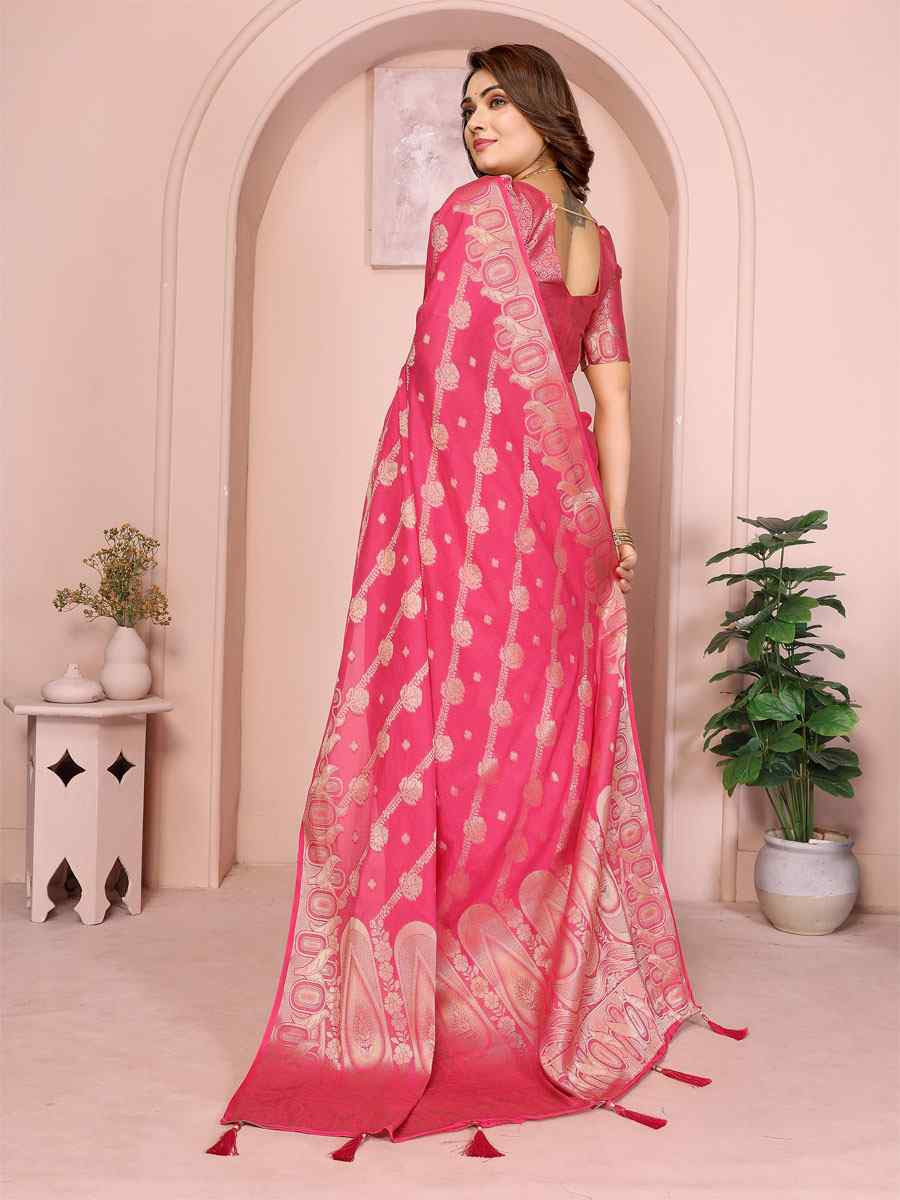 Pink Soft Georgette Silk Handwoven Festival Wedding Fancy Heavy Border Saree