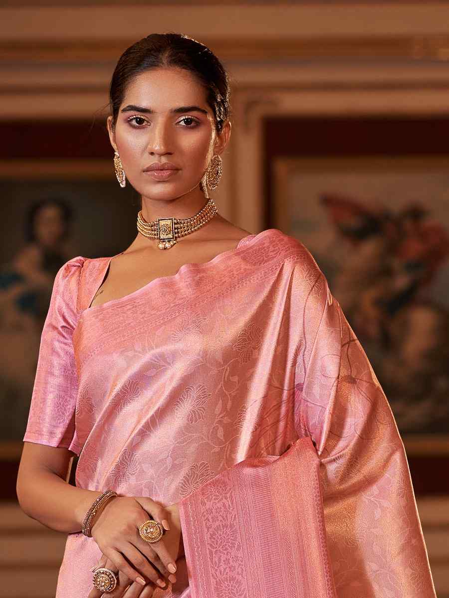 Pink Soft Jacquard Handwoven Wedding Festival Heavy Border Saree