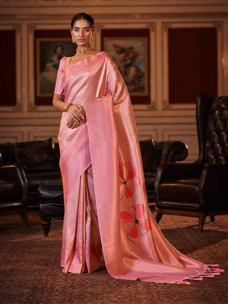 Pink Soft Jacquard Handwoven Wedding Festival Heavy Border Saree