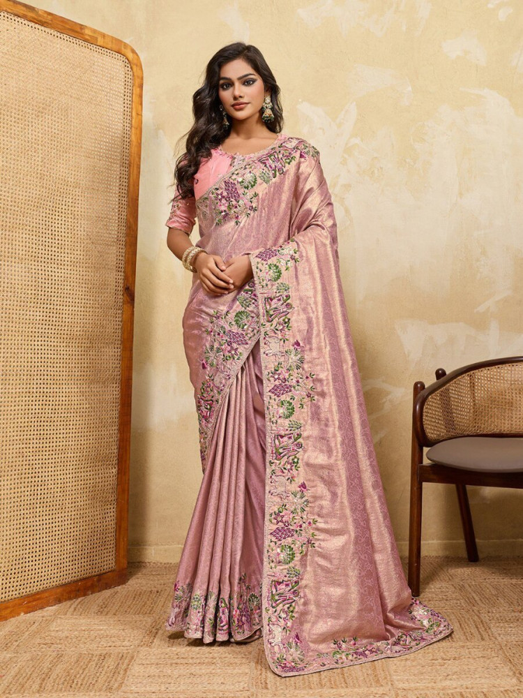 Image of Pink Soft Kanjiwarm Silk Embroidery Wedding Reception Party Festival Casual Heavy Border Sarees