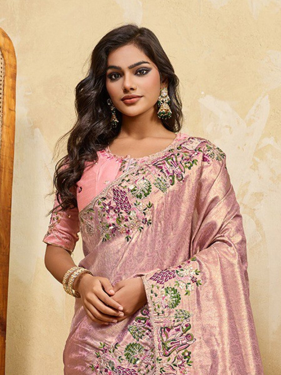 Pink Soft Kanjiwarm Silk Embroidery Wedding Reception Party Festival Casual Heavy Border Sarees