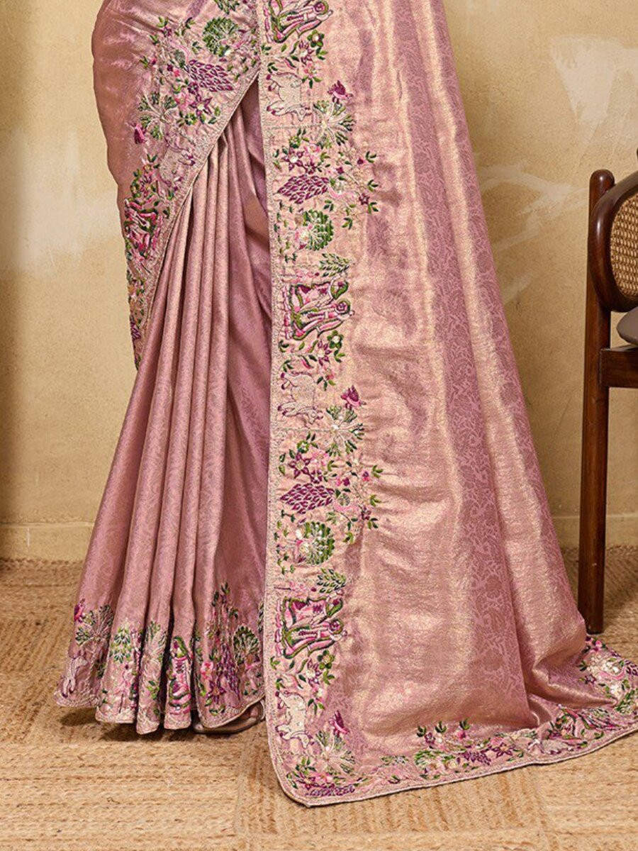 Pink Soft Kanjiwarm Silk Embroidery Wedding Reception Party Festival Casual Heavy Border Sarees