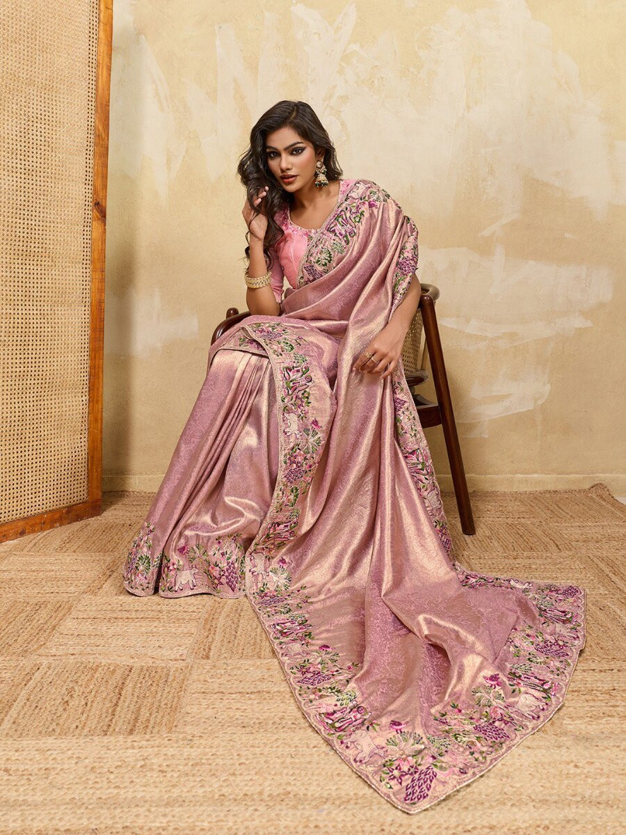 Pink Soft Kanjiwarm Silk Embroidery Wedding Reception Party Festival Casual Heavy Border Sarees