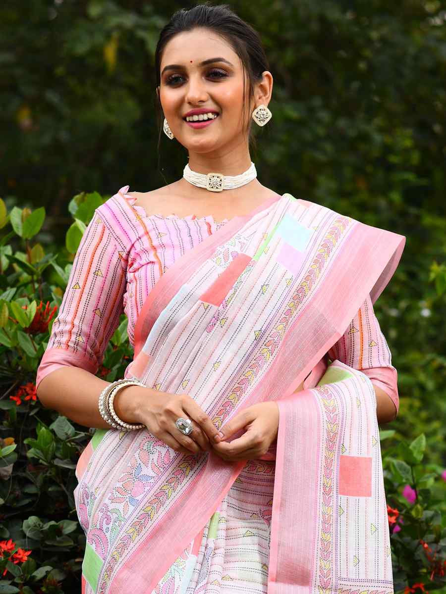 Pink Soft Linen Handwoven Casual Festival Classic Style Saree