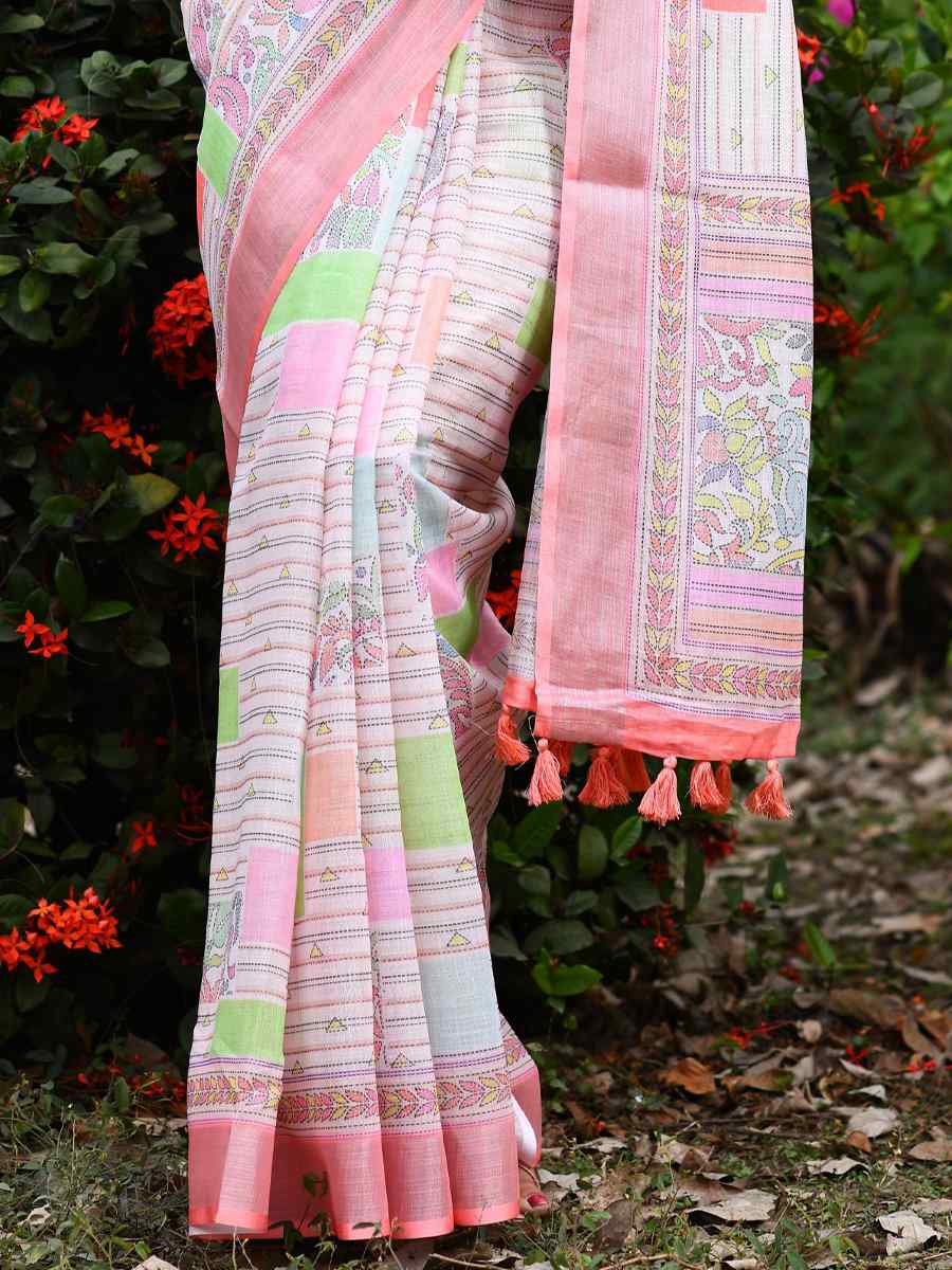 Pink Soft Linen Handwoven Casual Festival Classic Style Saree
