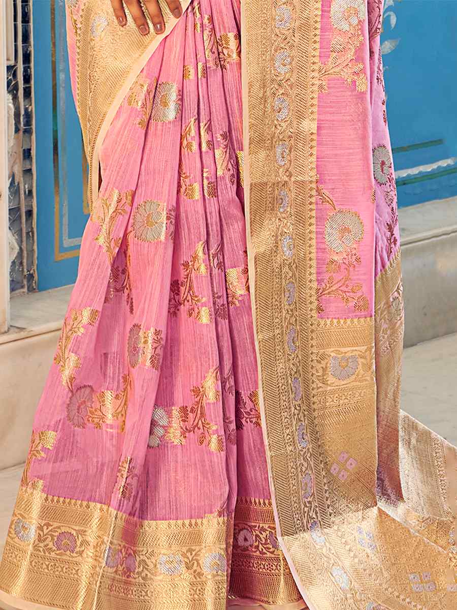 Pink Soft Linen Printed Casual Festival Classic Style Saree