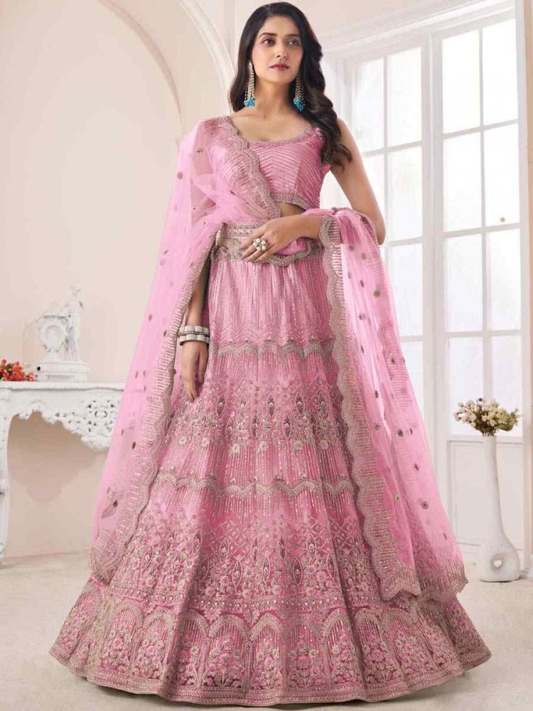 Pink Soft Net Embroidered Bridal Reception Heavy Border Lehenga Choli
