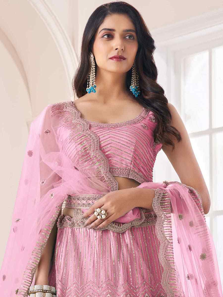 Pink Soft Net Embroidered Bridal Reception Heavy Border Lehenga Choli