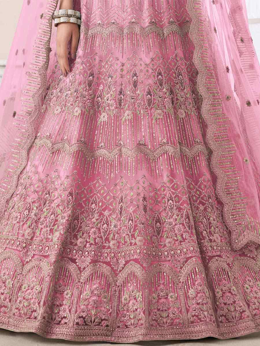 Pink Soft Net Embroidered Bridal Reception Heavy Border Lehenga Choli