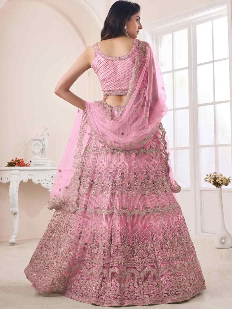 Pink Soft Net Embroidered Bridal Reception Heavy Border Lehenga Choli