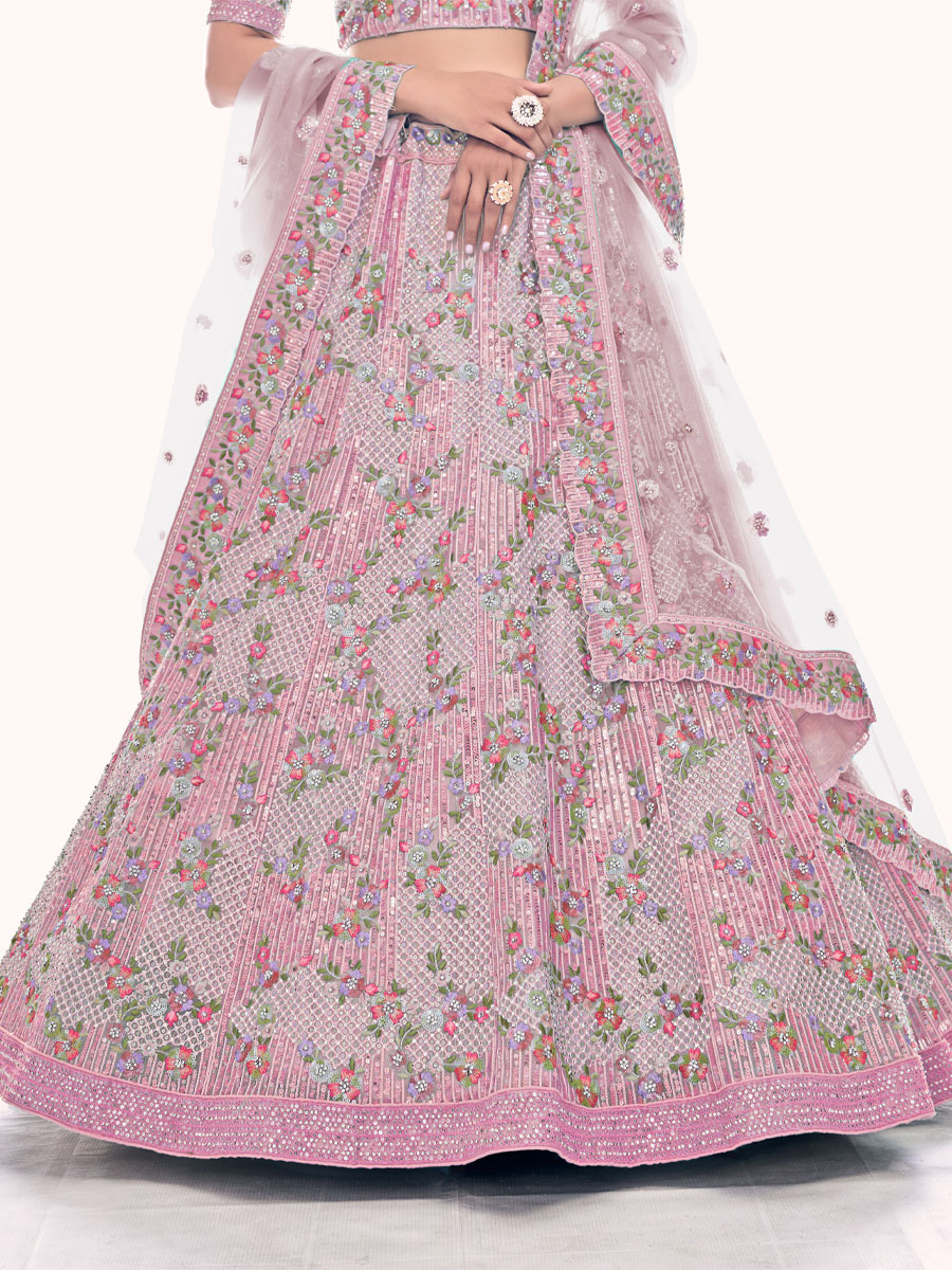 Pink Soft Net Embroidered Bridal Wedding Heavy Border Lehenga Choli