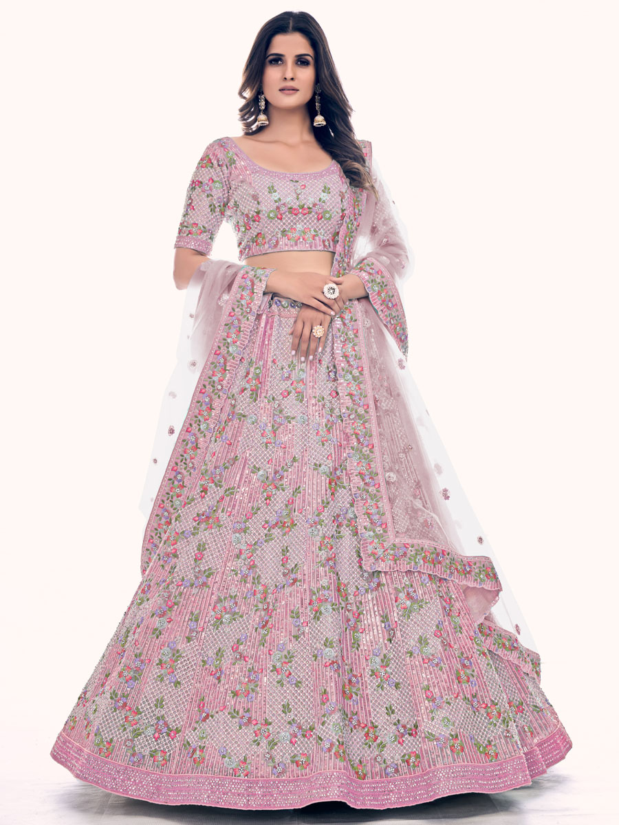 Pink Soft Net Embroidered Bridal Wedding Heavy Border Lehenga Choli