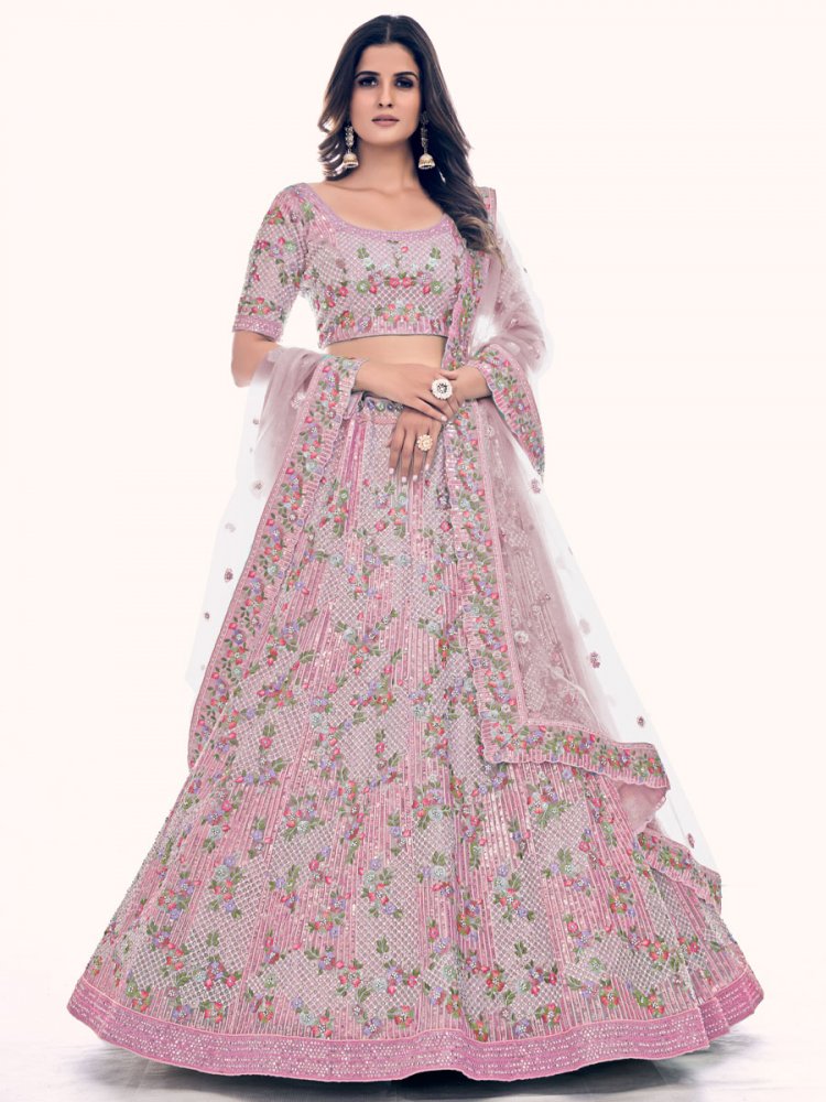 Pink Soft Net Embroidered Bridal Wedding Heavy Border Lehenga Choli