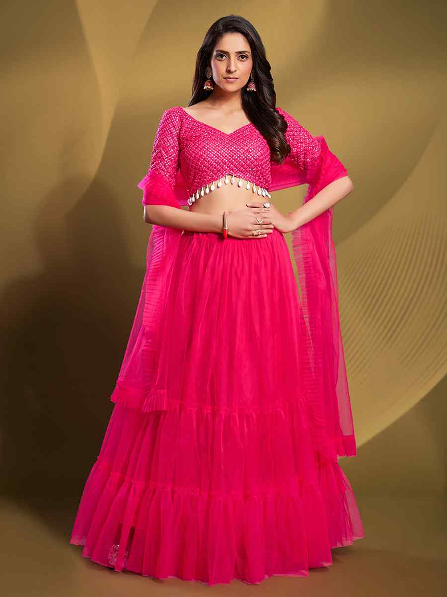 Pink Soft Net Embroidered Engagement Wedding Heavy Border Lehenga Choli