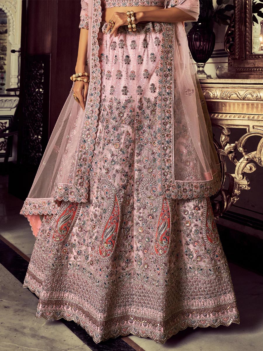 Pink Soft Net Embroidered Engagement Wedding Heavy Border Lehenga Choli