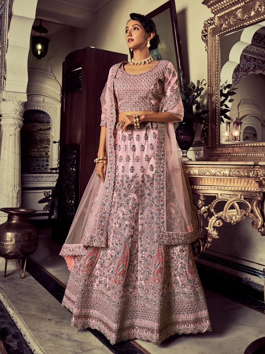 Pink Soft Net Embroidered Engagement Wedding Heavy Border Lehenga Choli