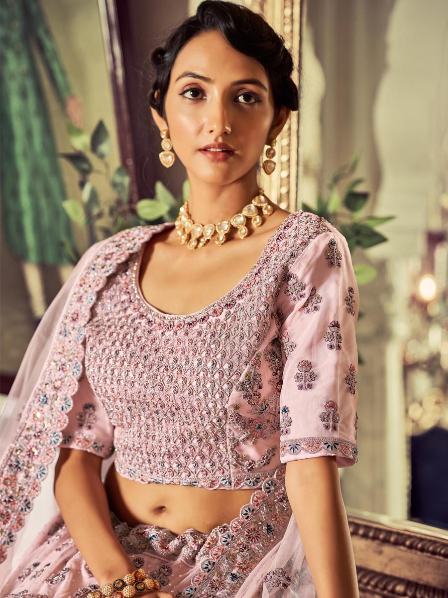 Pink Soft Net Embroidered Engagement Wedding Heavy Border Lehenga Choli