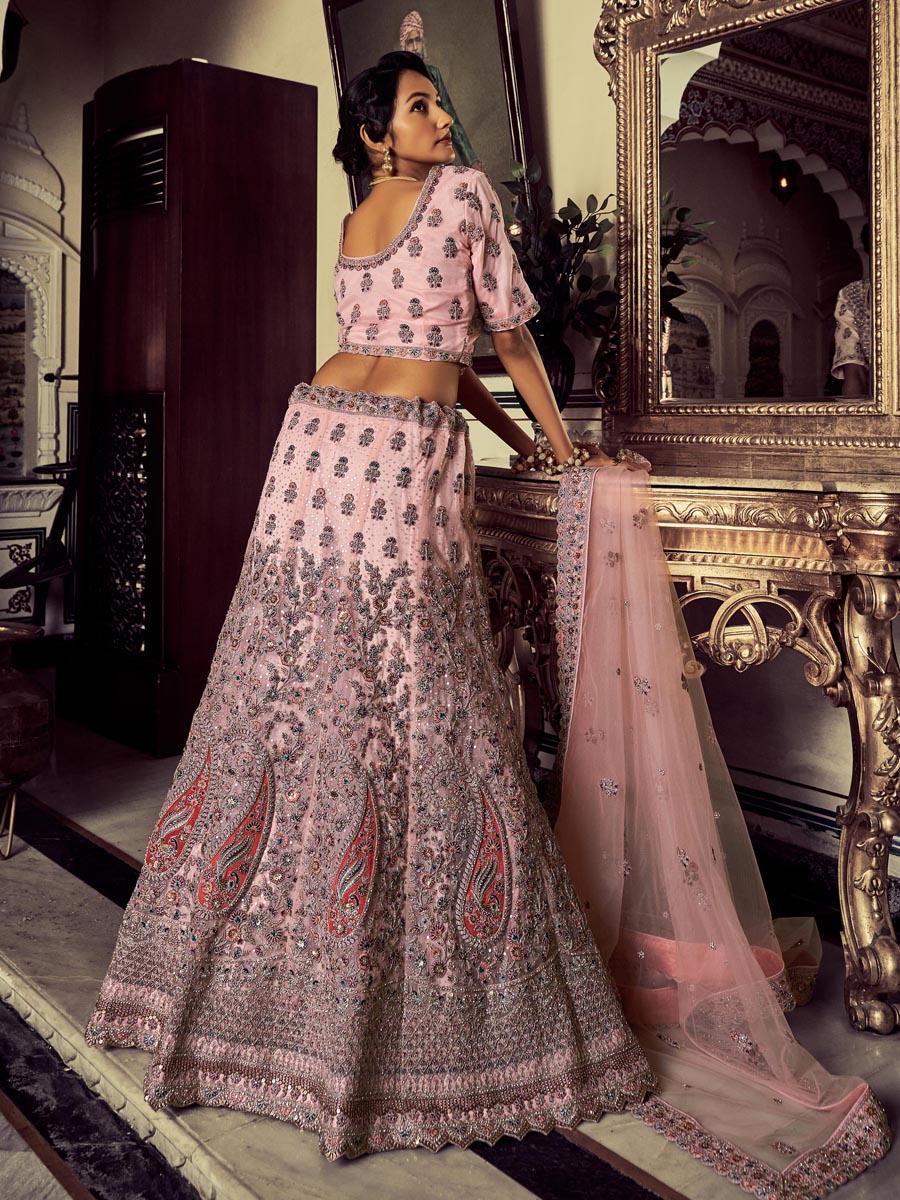 Pink Soft Net Embroidered Engagement Wedding Heavy Border Lehenga Choli