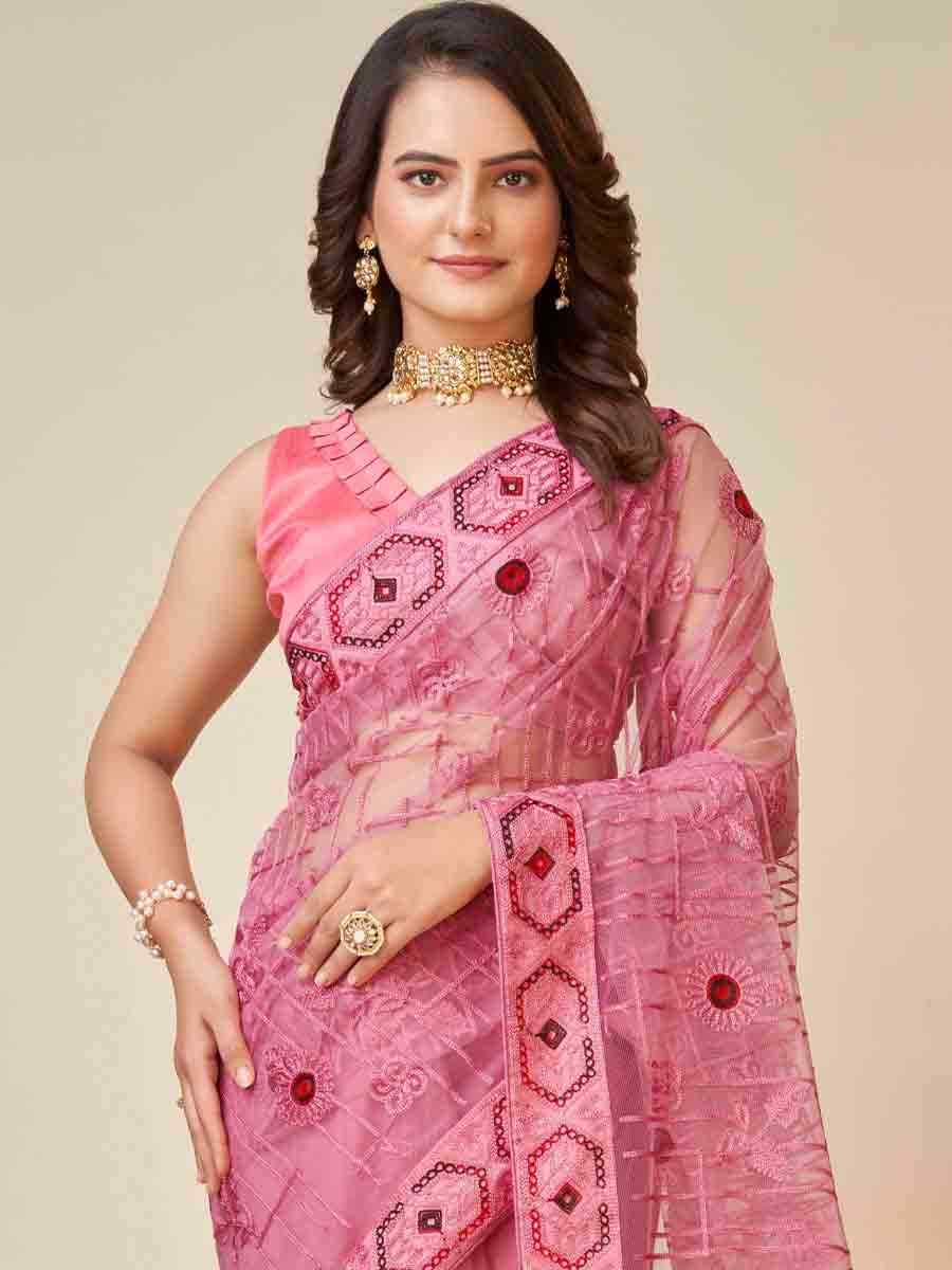 Pink Soft Net Embroidered Festival Party Classic Style Saree
