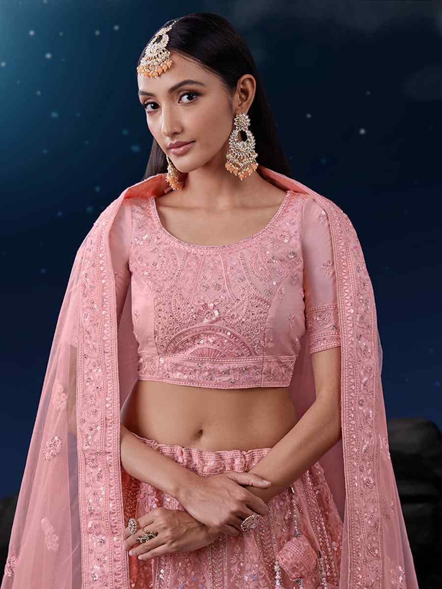 Pink Soft Net Embroidered Festival Wedding Circular Lehenga Choli