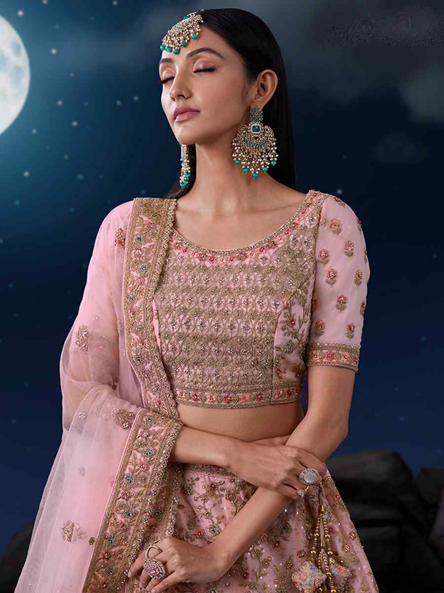 Pink Soft Net Embroidered Festival Wedding Circular Lehenga Choli