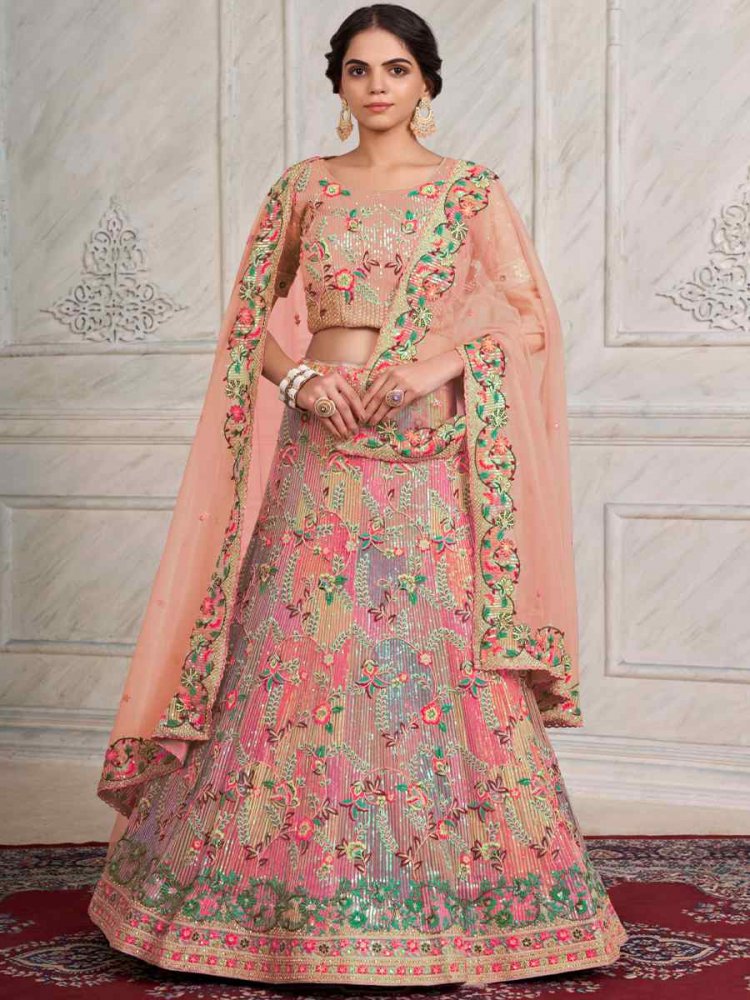 Pink Soft Net Embroidered Festival Wedding Circular Lehenga Choli