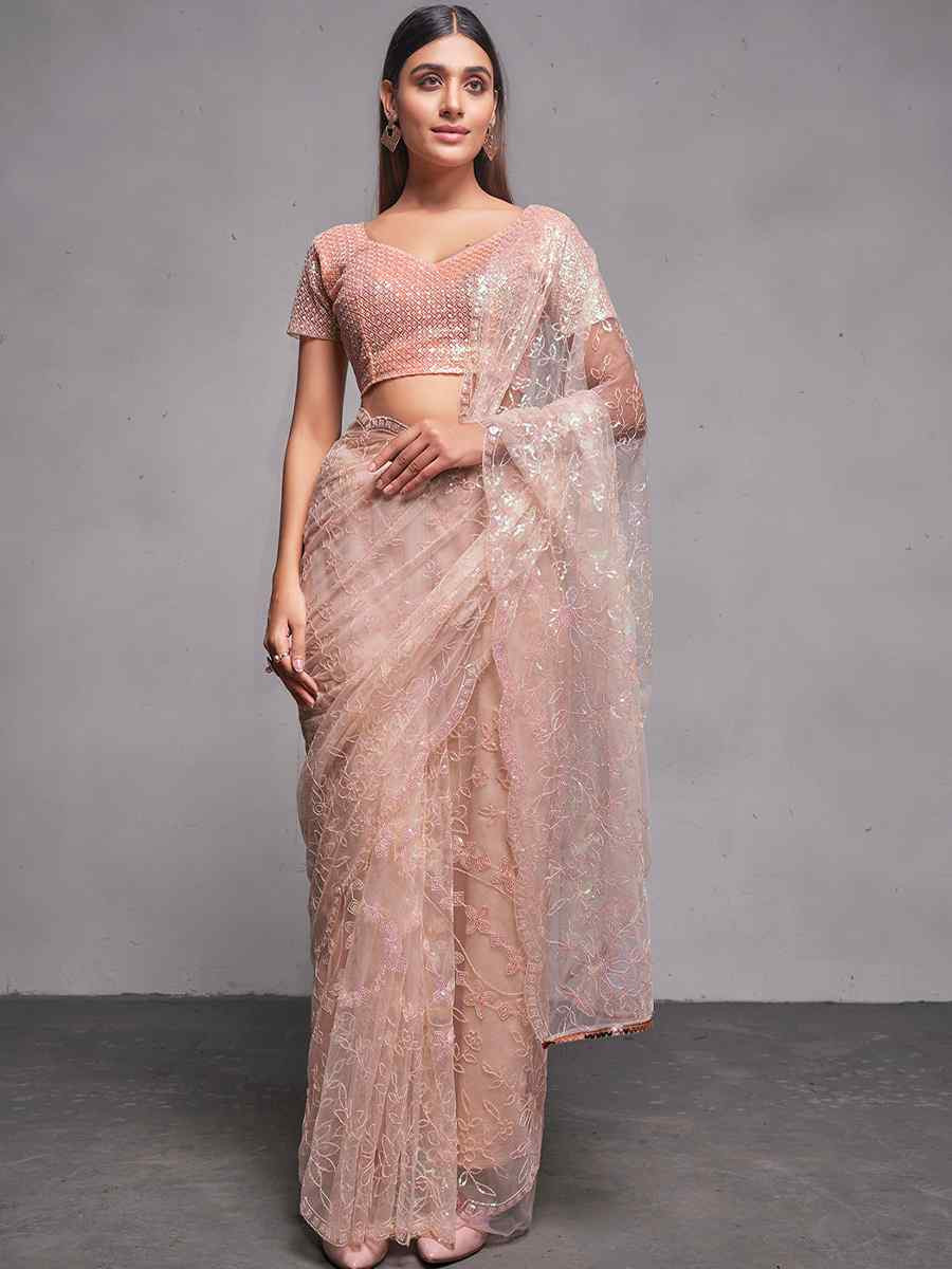 Pink Soft Net Embroidered Festival Wedding Fancy Heavy Border Saree