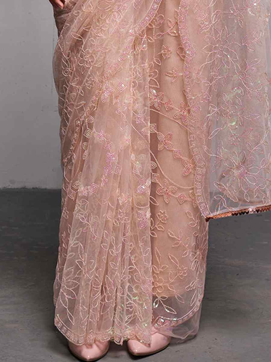 Pink Soft Net Embroidered Festival Wedding Fancy Heavy Border Saree