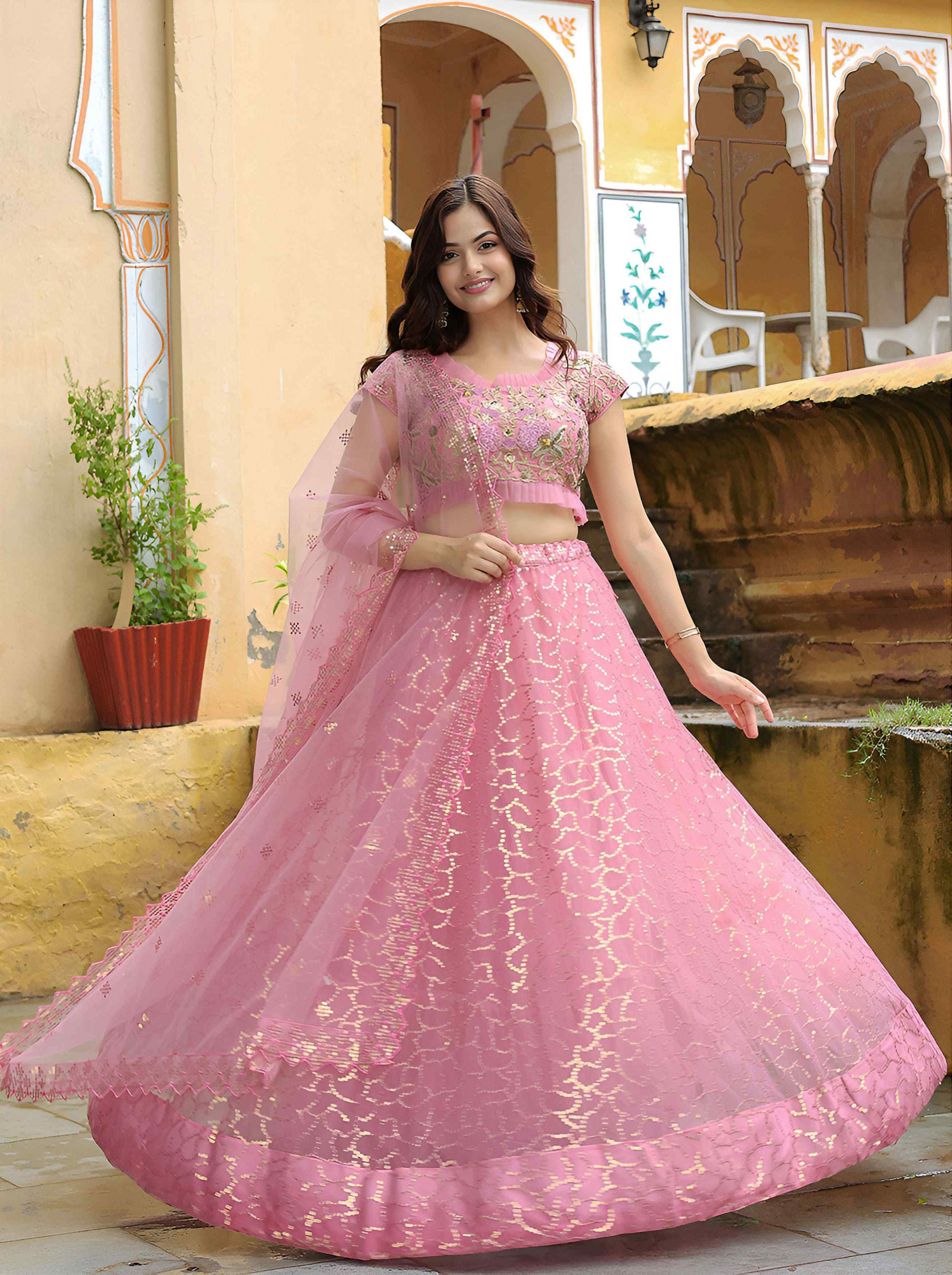 Pink Soft Net Embroidered Festival Wedding Party Reception Heavy Border Lehenga Choli